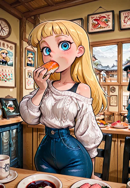 masterpiece, best quality, absurdres, mmarker, 1girl, solo, shtrips, nime, solo, 1girl, one girl, long hair, tucked behind ear, blunt bangs, blonde Hair, blue eyes, feature large highlight, model, Princess, oversize white sweater, off shoulder, blue jeans, general, BREAK <lora:nigirizushi:0.8>, nigirizushi, food, eating nigirizushi, eat with hand, indoors, chair, window, japanese restaurant, counter, showcase, omakase, sushi plate, calendar (object), cup, soy sauce, saucer, (masterpiece:1.3), best quality, high resolution, unity 8k wallpaper, (illustration:1.2), 8K,