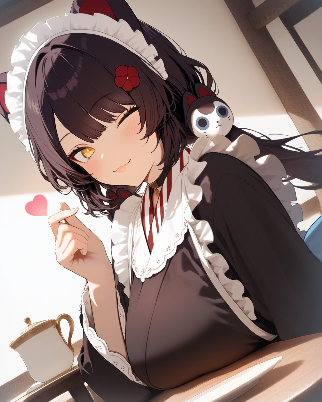 1girl, InuiTokoNijisanji, 
safe, solo, dutch angle, upper body,
smile,
finger heart, detailed finger, lips,
one eye closed,
maid headdress,
yellow eyes, red eyes,
low twintails, hair ornament,
hair flower,
black kimono, large breasts,
long sleeves, maid apron,
sitting, looking at viewer,
indoors, caffe, table,
<lora:kp_InuiTokoNijisanjiAnimagineXL_v1_1:1.0>,
masterpiece, high score, great score, absurdres