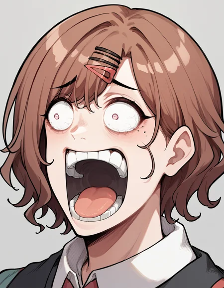 score_9, score_8_up, score_7_up, source_anime, <lora:madoka-higuchi-ponyxl-lora-nochekaiser:1>, madoka higuchi, brown hair, eyebrows hidden by hair, grey background, hair ornament, hairclip, mole, mole under eye, short hair, wavy hair,, <lora:enel-face-ponyxl-lora-nochekaiser:1> enel face, open mouth, wide-eyed, teeth, tongue,, , ,