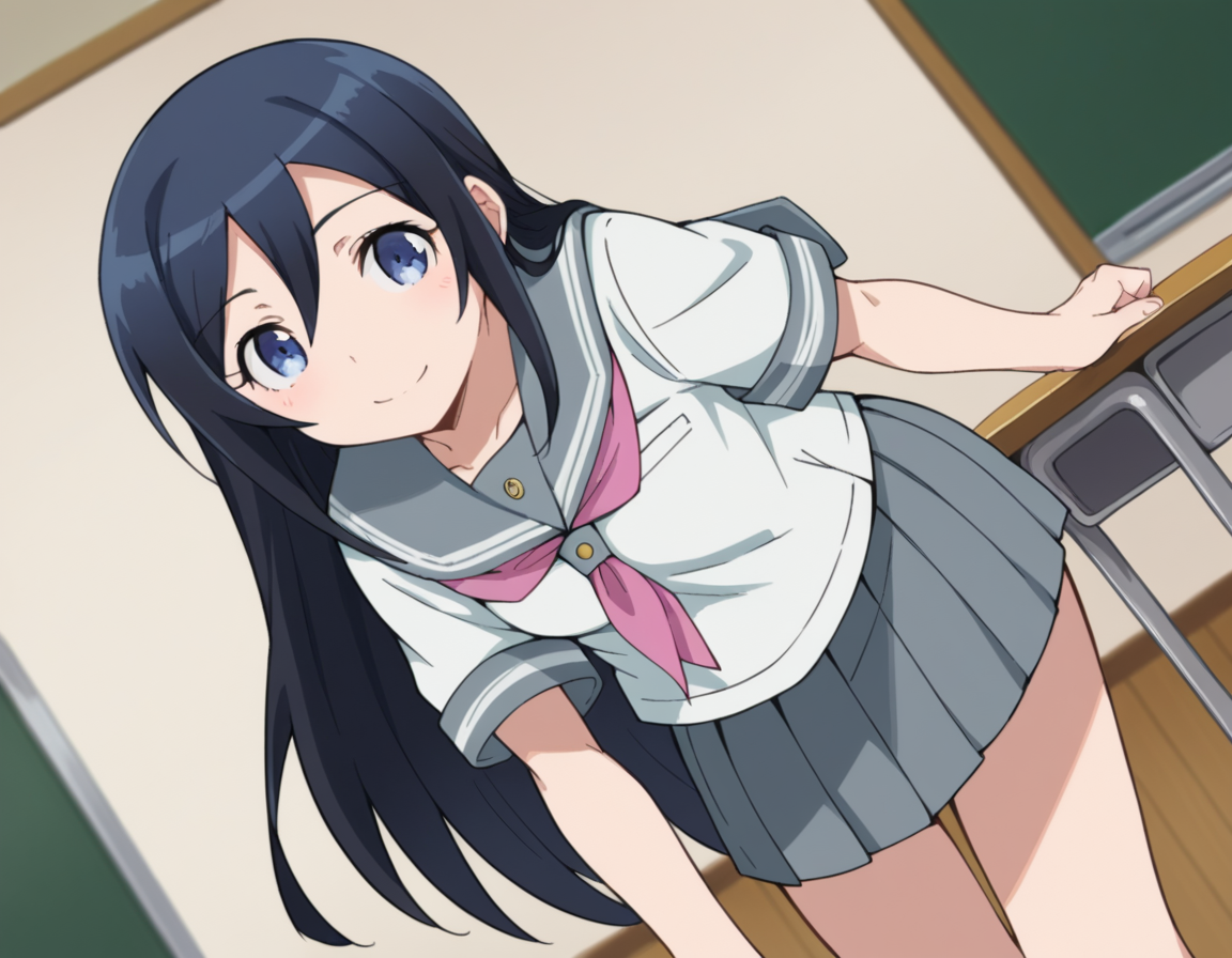 score_9, score_8_up, score_7_up, source_anime,
ayasearagaki, <lora:ayase-aragaki-s2-ponyxl-lora-nochekaiser:1>,
ayase aragaki, long hair, blue eyes, black hair, hair between eyes,
skirt, school uniform, serafuku, shirt, white shirt, grey sailor collar, grey skirt, pleated skirt, neckerchief, pink neckerchief,
indoors, classroom, bent over, smile,
looking at viewer, cowboy shot, solo, dutch angle,