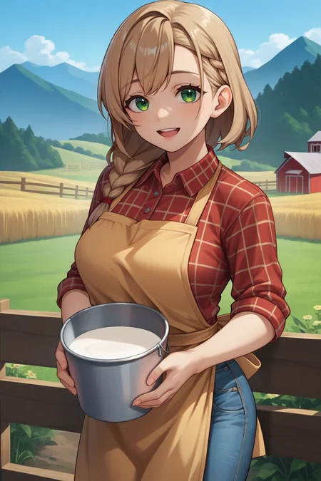 score_9, score_7_up, source_anime, cowboy shot, looking at viewer, smile, open mouth, 1girl, plaid shirt, brown apron, jeans, light brown hair, green eyes, side braid, holding bucket, milk, outdoors, farm, mountain