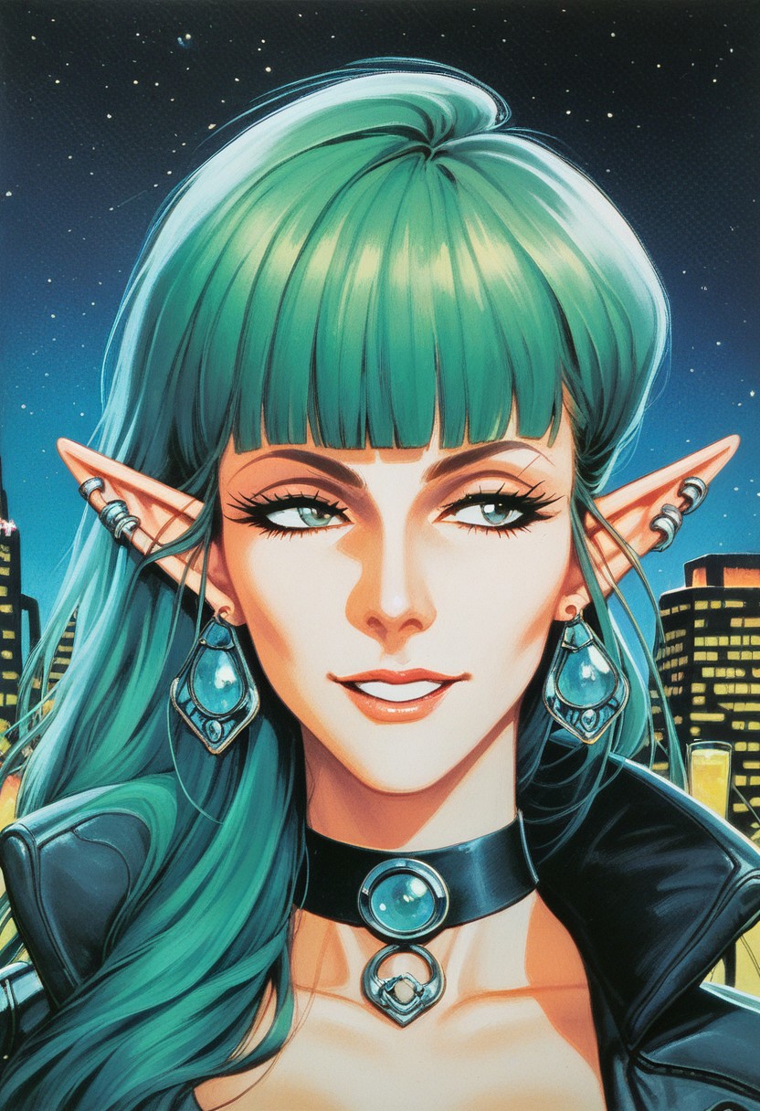 score_9, score_8_up, score_7_up, Expressiveh, high-quality, ultra-high-definition, fine details, meticulously crafted, crisp, highest quality, deep ink artwork, traditional media, easyriders, david mann style, 1970s art, detailed lighting, stunning woman, elf, pointed ears, solo, milf, huge ass, bottom heavy, huge tits, huge soft thighs, curvy, wide hips, earrings, looking away, smug, haughty, wide grin, lemon green hair, long curl hair, blunt bangs, upper body, medium shot, green hazel eyes, choker, android, prosthetic arms, piercings, necklace, bomber jacket, black crop cami top, pov, close-up, outdoors, pinup pose, at night, night time, ambient lighting, halftone, etching, cyberpunk neon city background, retro artstyle