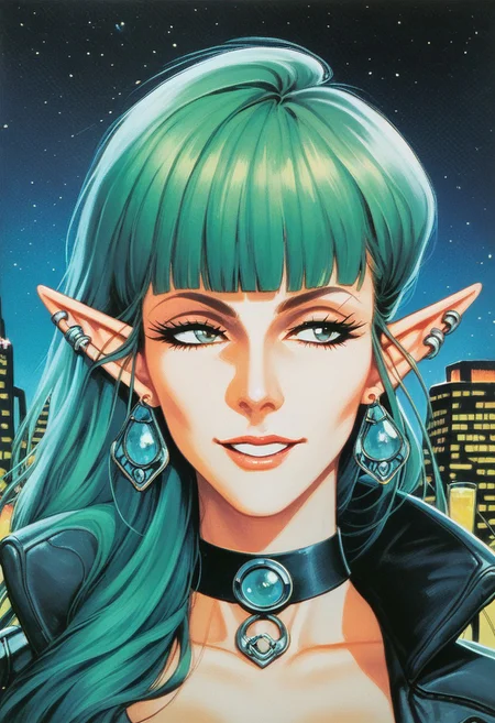 score_9, score_8_up, score_7_up, Expressiveh, high-quality, ultra-high-definition, fine details, meticulously crafted, crisp, highest quality, deep ink artwork, traditional media, easyriders, david mann style, 1970s art, detailed lighting, stunning woman, elf, pointed ears, solo, milf, huge ass, bottom heavy, huge tits, huge soft thighs, curvy, wide hips, earrings, looking away, smug, haughty, wide grin, lemon green hair, long curl hair, blunt bangs, upper body, medium shot, green hazel eyes, choker, android, prosthetic arms, piercings, necklace, bomber jacket, black crop cami top, pov, close-up, outdoors, pinup pose, at night, night time, ambient lighting, halftone, etching, cyberpunk neon city background, retro artstyle