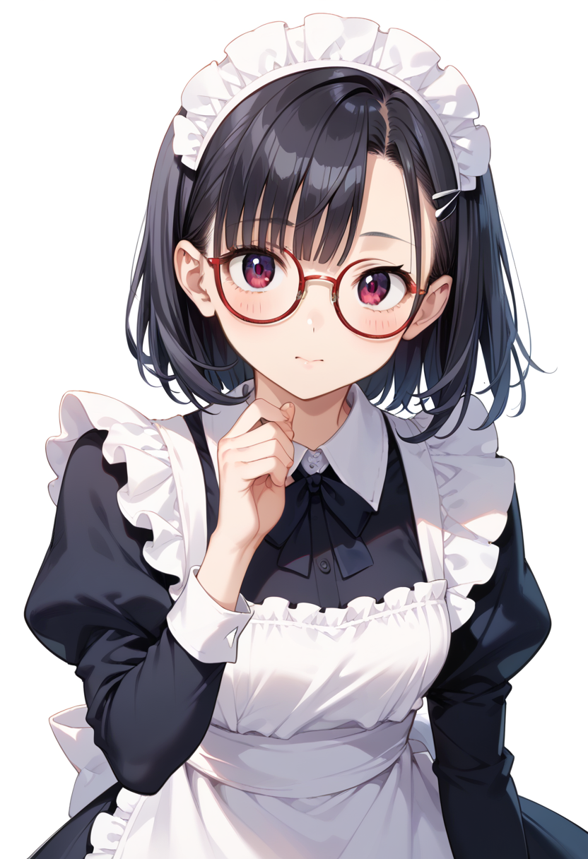 score_9, score_8_up, score_7_up, rating_safe, masterpiece, best quality, absurdres, unity 8k wallpaper, official art, official style, source_anime, uncensored, game cg, megami magazine,
1girl, solo, black hair, medium hair, upper body, covered eyes,maid, maid headdress, black dress, maid apron,
g-boston19A, glasses, simple background, white background, red-framed eyewear, upper body, face focus,
<lora:glasses_boston19A_PONY_V1:1>