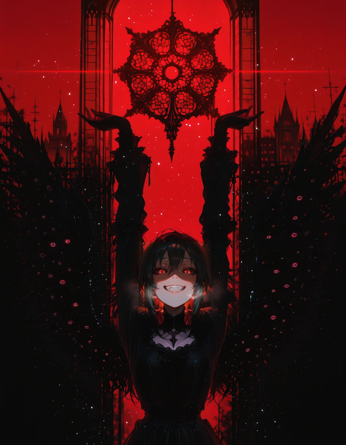 xxx667_illu, Smooth Quality,volumetric lighting,detailed,masterpiece, best quality, amazing quality, very aesthetic, absurdres
,ADDCOMM,
background of gothic church, background of stained glass, red godrays,detailed lighitng,red theme, red background
,ADDROW,
black feathery wings, black fog, many eyes, eldritch horrors, nightmare fuel, cosmic_horror, shadow, surreal, glowing eyes,15546+456868, abstract, glowing, no humans,distortion, corrupted, void, formless, eerie, haunting, chaos, ominous, warped, horror, dark mist, terror, black theme, black background, pitch black
,ADDCOL,
1girl, arms up, stretching, vampire, fangs, beautiful, black hair, red eyes, visible breath, very pale, goth fashion,black dress, renaissance clothes, clothes covered in blood,happy, open mouth,red theme, red background,black nails
,ADDCOL,
black feathery wings, black fog, many eyes, eldritch horrors, nightmare fuel, cosmic_horror, shadow, surreal, glowing eyes,15546+456868, abstract, glowing, no humans,distortion, corrupted, void, formless, eerie, haunting, chaos, ominous, warped, horror, dark mist, terror, black theme, black background, pitch black
, <lora:illustrious_quality_modifiers_masterpieces_v1:0.25> <lora:illustrious_best_quality_v1:0.25> <lora:illustrious_very_aesthetic_v1:0.25> <lora:XXX477:1> <lora:114558v4df2fsdf5:1>
