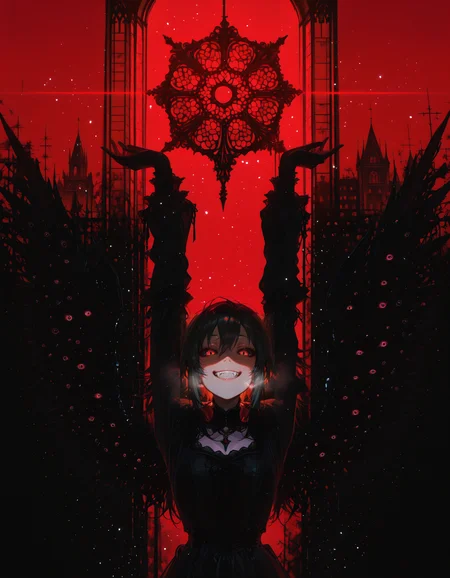 xxx667_illu, Smooth Quality,volumetric lighting,detailed,masterpiece, best quality, amazing quality, very aesthetic, absurdres
,ADDCOMM,
background of gothic church, background of stained glass, red godrays,detailed lighitng,red theme, red background
,ADDROW,
black feathery wings, black fog, many eyes, eldritch horrors, nightmare fuel, cosmic_horror, shadow, surreal, glowing eyes,15546+456868, abstract, glowing, no humans,distortion, corrupted, void, formless, eerie, haunting, chaos, ominous, warped, horror, dark mist, terror, black theme, black background, pitch black
,ADDCOL,
1girl, arms up, stretching, vampire, fangs, beautiful, black hair, red eyes, visible breath, very pale, goth fashion,black dress, renaissance clothes, clothes covered in blood,happy, open mouth,red theme, red background,black nails
,ADDCOL,
black feathery wings, black fog, many eyes, eldritch horrors, nightmare fuel, cosmic_horror, shadow, surreal, glowing eyes,15546+456868, abstract, glowing, no humans,distortion, corrupted, void, formless, eerie, haunting, chaos, ominous, warped, horror, dark mist, terror, black theme, black background, pitch black
, <lora:illustrious_quality_modifiers_masterpieces_v1:0.25> <lora:illustrious_best_quality_v1:0.25> <lora:illustrious_very_aesthetic_v1:0.25> <lora:XXX477:1> <lora:114558v4df2fsdf5:1>