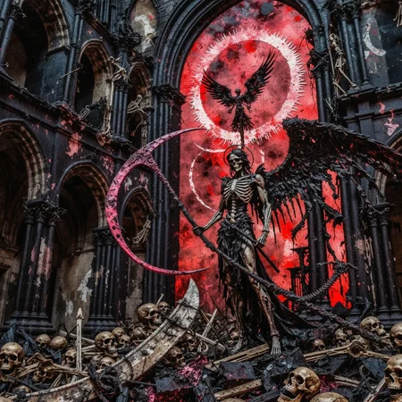 abstract expressionism, unconventional painting of an undead angel wielding a huge scythe, dark iron halo, standing amidst a cathedral ruin made of bones, chromatic luminescent miasma floating through sky ominously, prominent impasto texture, sinister atmosphere, red-pink, high contrast, masterpiece <lora:dmd2_sdxl_4step_lora> <lora:xl_spo_sdxl_10ep_4k-data_lora_webui>
