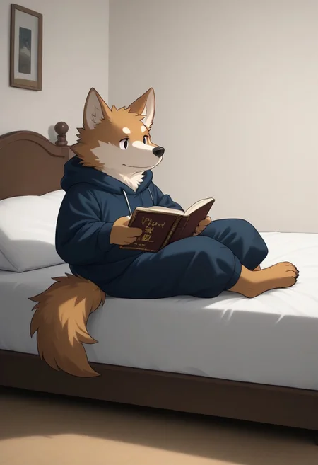 wolfdog, zuppu11, full body, solo, furry, score_9, score_8_up, NCT2, sitting on bed, reading a book, bedroom background