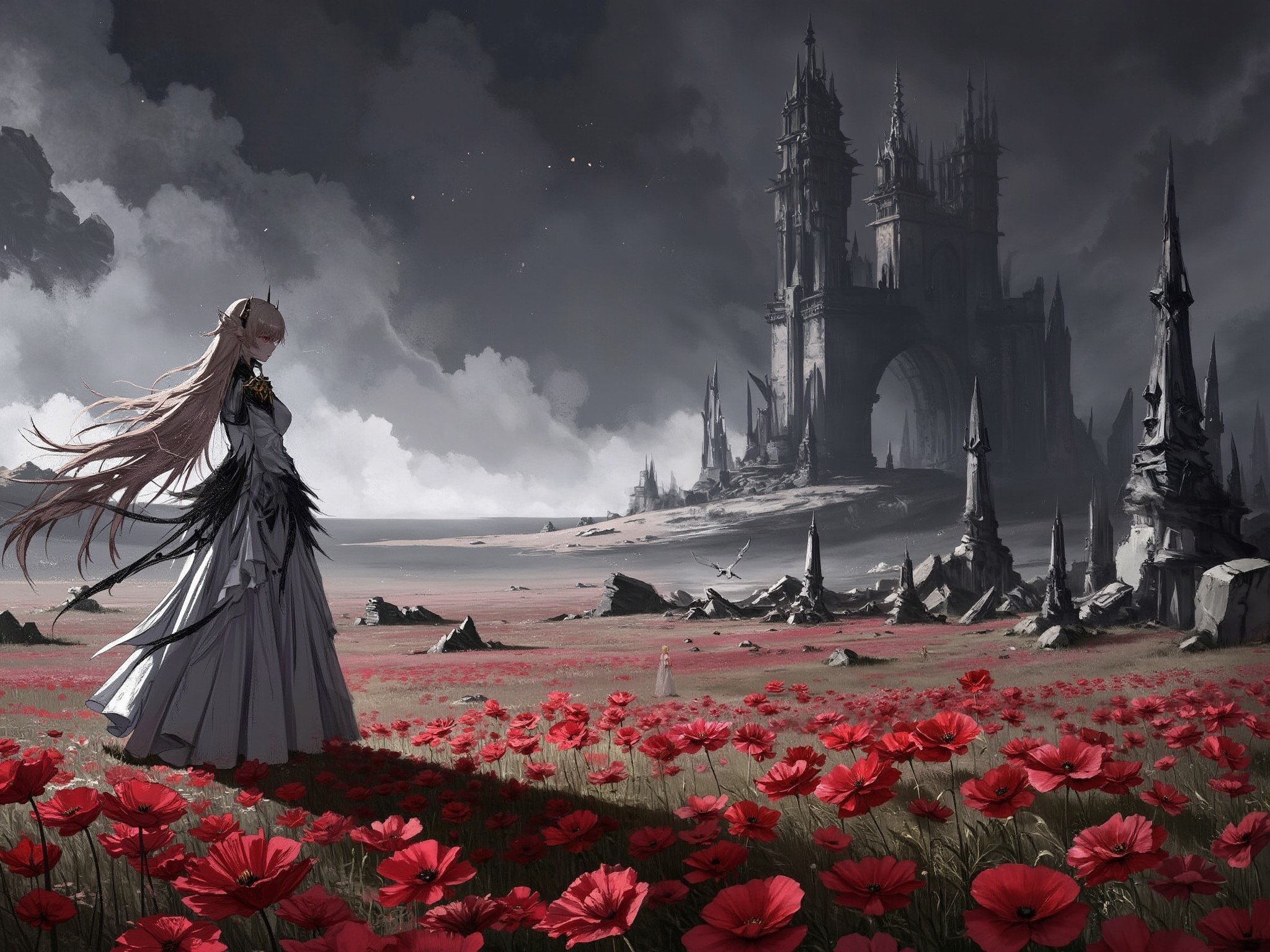 <lora:theresa-from-arknights-fluxv1:1.8>  theresa
The scene features Theresa standing in the middle of a vast field of red poppies, her delicate figure almost blending into the sea of vibrant crimson flowers. She is positioned in the distance, her flowing white dress with black accents softly billowing in the faint, unnatural breeze. Her long, cascading hair shimmers faintly in the dim, colorless light. Theresa’s expression is melancholic, her piercing red eyes meeting the viewer as she offers a sorrowful, gentle smile, as if reflecting on a lost past.
The horizon is dominated by towering, jagged black crystals that pierce the sky, their sharp edges glowing faintly with an ominous energy. Among the crystals lie the ruins of a once-majestic city, its grand spires and arches now broken and forgotten. The landscape speaks of desolation and tragedy.
Above, the sky is an eerie void—featureless and devoid of stars, sun, or moon. The light is cold and unnatural, casting long, faint shadows across the field of poppies and the ruins in the distance. The lack of a proper sky creates a surreal, haunting atmosphere, as if the world itself is fractured and incomplete.
Style:
A blend of surrealism and gothic fantasy, with rich detailing in the poppy field and the hauntingly sharp textures of the black crystals. The muted colors of the background contrast with the vibrant red of the poppies, creating a striking visual dichotomy.
Camera effects:
The camera is positioned far away, focusing on the wide landscape, with Theresa appearing small yet distinct within the scene. The soft focus on the background highlights the eerie ruins and black crystals, while Theresa remains the subtle focal point, her figure and expression conveying the emotional weight of the scene.
