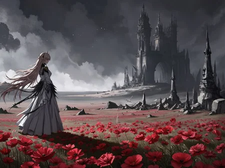 <lora:theresa-from-arknights-fluxv1:1.8>  theresa
The scene features Theresa standing in the middle of a vast field of red poppies, her delicate figure almost blending into the sea of vibrant crimson flowers. She is positioned in the distance, her flowing white dress with black accents softly billowing in the faint, unnatural breeze. Her long, cascading hair shimmers faintly in the dim, colorless light. Theresa’s expression is melancholic, her piercing red eyes meeting the viewer as she offers a sorrowful, gentle smile, as if reflecting on a lost past.
The horizon is dominated by towering, jagged black crystals that pierce the sky, their sharp edges glowing faintly with an ominous energy. Among the crystals lie the ruins of a once-majestic city, its grand spires and arches now broken and forgotten. The landscape speaks of desolation and tragedy.
Above, the sky is an eerie void—featureless and devoid of stars, sun, or moon. The light is cold and unnatural, casting long, faint shadows across the field of poppies and the ruins in the distance. The lack of a proper sky creates a surreal, haunting atmosphere, as if the world itself is fractured and incomplete.
Style:
A blend of surrealism and gothic fantasy, with rich detailing in the poppy field and the hauntingly sharp textures of the black crystals. The muted colors of the background contrast with the vibrant red of the poppies, creating a striking visual dichotomy.
Camera effects:
The camera is positioned far away, focusing on the wide landscape, with Theresa appearing small yet distinct within the scene. The soft focus on the background highlights the eerie ruins and black crystals, while Theresa remains the subtle focal point, her figure and expression conveying the emotional weight of the scene.