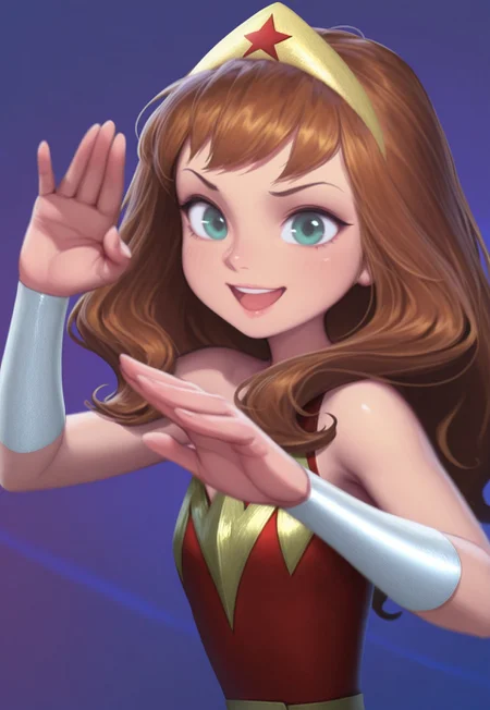 1girl, solo, looking at viewer, upper body, cute, smile, open mouth, Young Daphne, Wonder Woman costume, Wonder Woman tiara, abstract background, gorgeous, beautiful, masterpiece, detailed, dynamic pose, fighting stance,