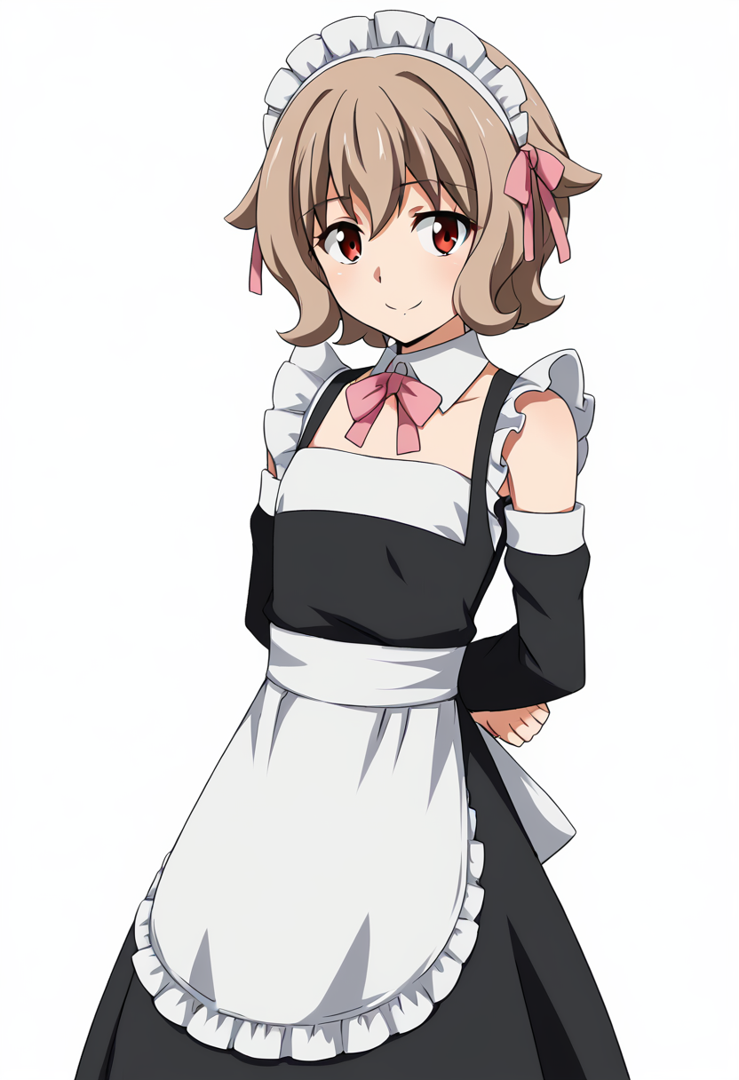 1girl, solo, AtraM1xt, short hair, brown hair, red eyes, maid, maid headdress, hair ribbon, pink ribbon, detached collar, detached sleeves, wide sleeves, waist apron, white apron, frills, looking at viewer, smile, arms behind back, standing, white background, <lora:Atra Mixta - Gundam IBO-000008:1>