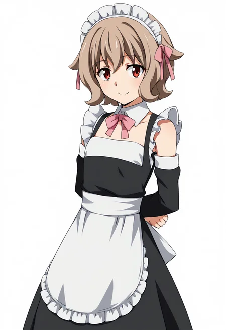 1girl, solo, AtraM1xt, short hair, brown hair, red eyes, maid, maid headdress, hair ribbon, pink ribbon, detached collar, detached sleeves, wide sleeves, waist apron, white apron, frills, looking at viewer, smile, arms behind back, standing, white background, <lora:Atra Mixta - Gundam IBO-000008:1>