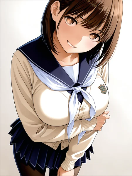 masterpiece,best quality,newest,
1boy,solo,
<lora:anegasaki_nene_ilxl_v1:1>,nene,brown hair,brown eyes,big breasts,
n_c_clothes,milky white cardigan,neckerchief,pleated skirt,black_pantyhose,
<lora:Fixhands_anime_bdsqlsz_V1:1>,face_focus,front view,white_background,simple_background,looking_at_viewer,wide_shot,standing,open_stance,glowing eyes,constricted pupils,clenched_teeth,smirk,head_tilt,dynamic_angle,cinematic_angle,cowboy_shot,hand on own arm,