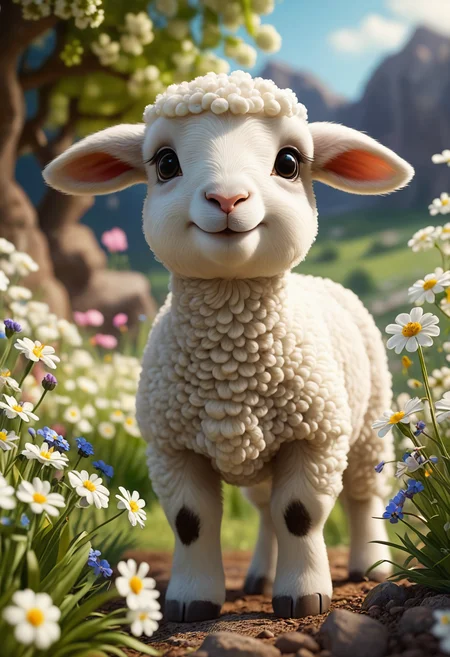 cute cartoon character, lamb enjoying springtime flowers, (((masterpiece))),(best quality)