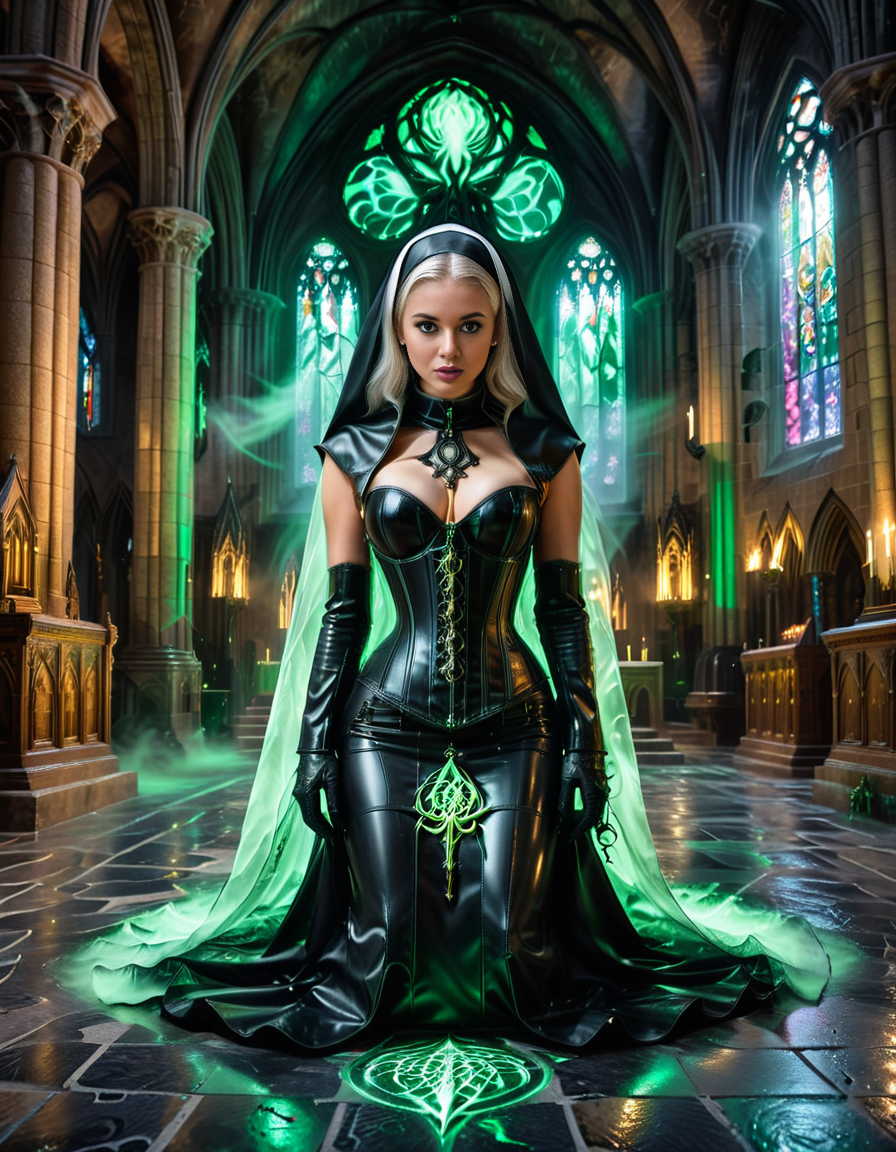 horror-themed (nsfw:1.3),Full body hyperrealism photo,extremely detailed, (nun in black latex corset:1.3),collar, Kneeling,Cthulhu cathedral,indoors,(Sinister aura:1.2).<lora:SDXLFaeTastic2400:0.4> <lora:extremely_detailed:0.4> extremely detailed <lora:Cthulhu_cathedral:1>, Masterpiece,best quality,hi res,8k,hi res,8k,award winning,(sharp focus, intricate, highly detailed),, eerie, unsettling, dark, spooky, suspenseful, grim, highly detailed