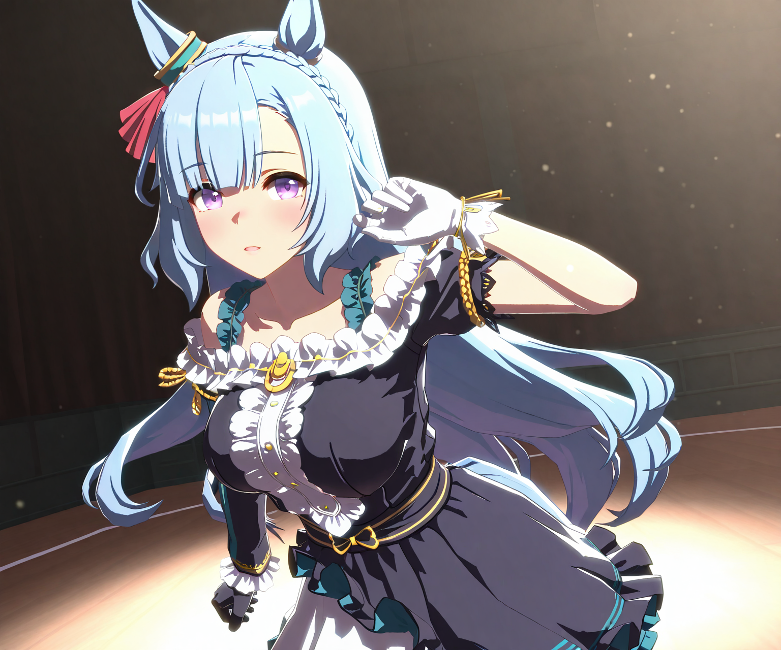 masterpiece, best quality, amazing quality, , 1girl, solo, looking at viewer,    <lora:Mejiro Ardan in game style 3D ILL-v2:1.2> ummsmingame, 3d, mejiro ardan \(umamusume\), asymmetrical gloves, single sleeve, single sleeve on left arm,  black gloves on left hand,  white gloves on right hand