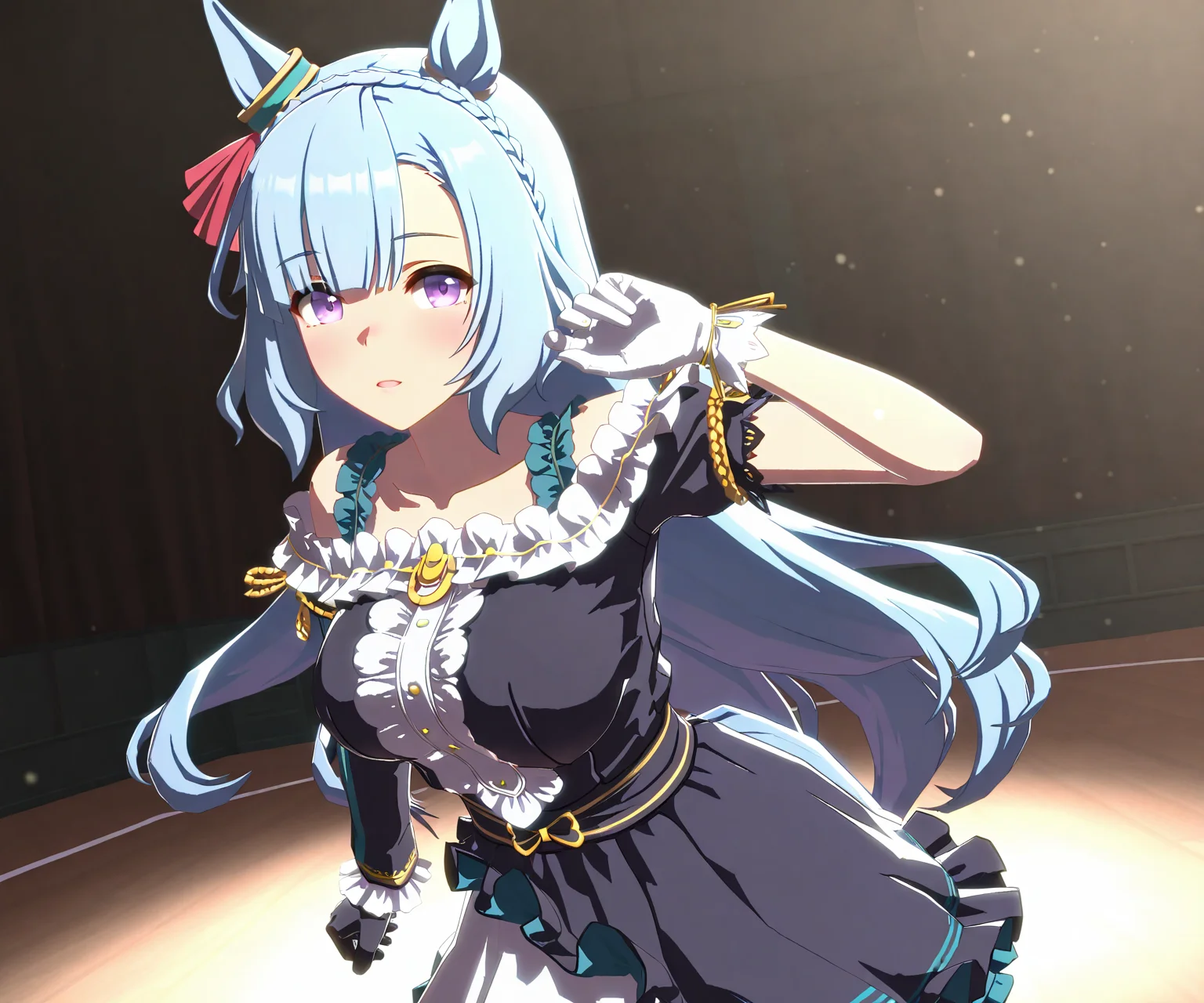 masterpiece, best quality, amazing quality, , 1girl, solo, looking at viewer, <lora:Mejiro Ardan in game style 3D ILL-v2:1.2> ummsmingame, 3d, mejiro ardan \(umamusume\), asymmetrical gloves, single sleeve, single sleeve on left arm, black gloves on left hand, white gloves on right hand
