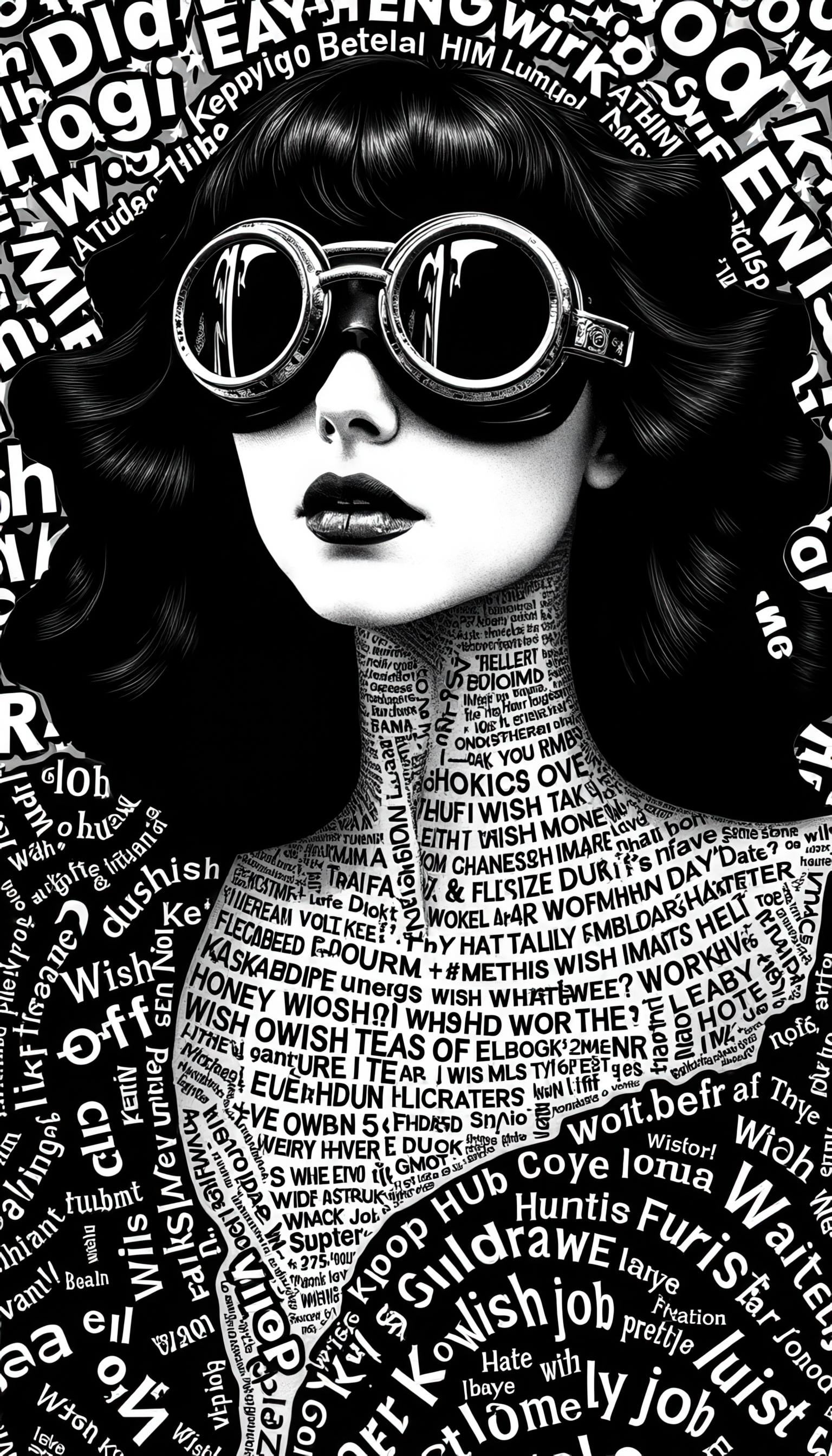 SDXL 1: The main Text is "Wish life Wish death Wish happy him money wish to Love whatever Lonely job hate wish pretty honey" The lines are repeated to fill and form the shapes. SDXL (JPS) 2: The TXT image is a close-up of a beautiful goth 1girl wearing goggles, a conceptual large text collage composite featuring various large shapes constructed of text.