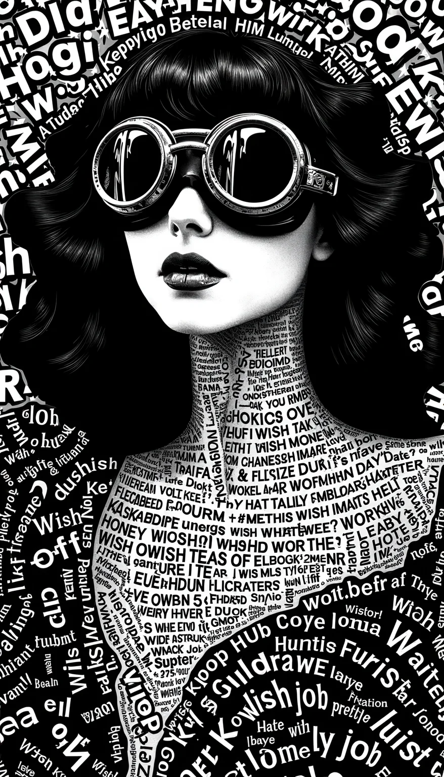 SDXL 1: The main Text is "Wish life Wish death Wish happy him money wish to Love whatever Lonely job hate wish pretty honey" The lines are repeated to fill and form the shapes. SDXL (JPS) 2: The TXT image is a close-up of a beautiful goth 1girl wearing goggles, a conceptual large text collage composite featuring various large shapes constructed of text.