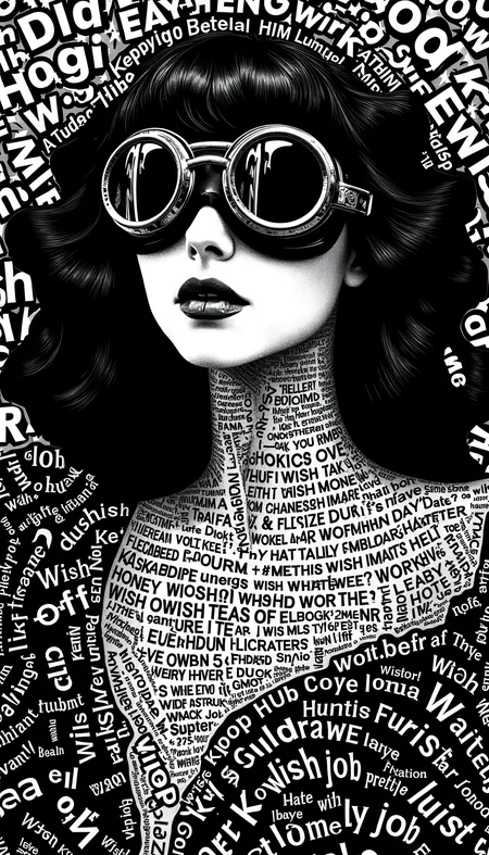 SDXL 1: The main Text is "Wish life Wish death Wish happy him money wish to Love whatever Lonely job hate wish pretty honey" The lines are repeated to fill and form the shapes. SDXL (JPS) 2: The TXT image is a close-up of a beautiful goth 1girl wearing goggles, a conceptual large text collage composite featuring various large shapes constructed of text.