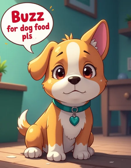 anime artwork sad dog speec hbubble that says " buzz for dog food pls " , . anime style, key visual, vibrant, studio anime, highly detailed