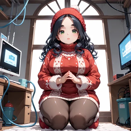 PonyScores7, source_anime, ah1, BREAK 1girl, (curly hair), long hair, (black hair:1.3), mature female, (parted hair:1.7), (round face:1.2), (fringe:-0.5), (bangs:-0.5), (hair between eyes:-0.5),  (thick eyebrows), (curvy), round-chin, (greenish hazel eyes), caucasian, (downturned eyes:1.2), (plump face), <lora:ETO_OCPonyXL:0.5> eto_oc, skindentation, (plump), thick thighs, wide hips, busty, voluptuous, kinky curls, lips, <lora:venus body PonyXL:0.4>,  (puzzled), (own hands together), (intensive Care Unit (ICU), hushed corridor lined with glass-walled rooms, ventilators, monitors, dim lighting, comfortable chairs for visitors), looking at viewer, (Legendary Gray Cozy Winter Day Attire, Cable knit sweater dress, Fleece-lined leggings, Winter boots, Pom-pom beanie, Faux fur coat, Mittens), BREAK <lora:xl_more_art-full_v1:0.2>, <lora:shinyskin2:0.2> glistening skin, <lora:aesthetic_anime_v1s:0.2>, <lora:Expressive_H:0.2> Expressiveh, <lora:hairdetailpxl:0.2> hairdetailpxl, <lora:EpicF4nta5yXL:0.2>, <lora:detailxl:0.2> detailxl, <lora:Fant5yP0ny:0.2>, best quality, amazing quality, best aesthetic, absurdres, <lora:expressive eyes:0.2> expressive eyes, <lora:eyedetailpxl:0.2> eyedetailpxl, illustration, Volumetric_Lighting, ultra-detailed, very aesthetic, intricate details, 8k, masterpiece, best_quality, BREAK (Low angle (from behind) view Extreme Close shot (focus on knees)), BREAK <lora:Eyes_High_Definition:0.3> EyesHD, Stable_Yogis_PDXL_Positives, AS-Adult, <lora:Complicated fantasy portrait - XL Pony V2.0:0.4>, bad-hands-5,