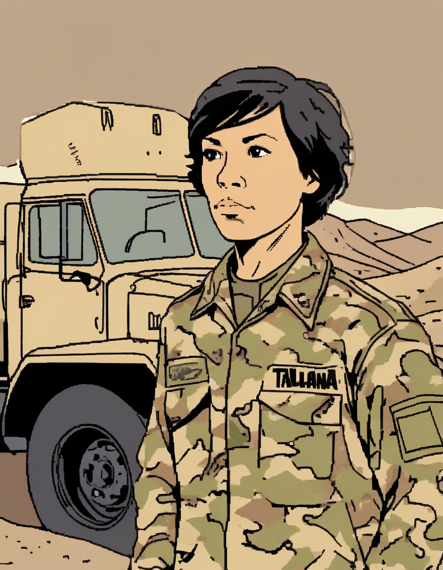 a woman,Taliana, <lora:TalianaXL:0.8>,short hair,black hair,(felt marker drawing:1.3),(detailed background),((wearing desert camouflage uniform,spotted camouflage)),standing besides heavy truck,in parking lot,in desert
