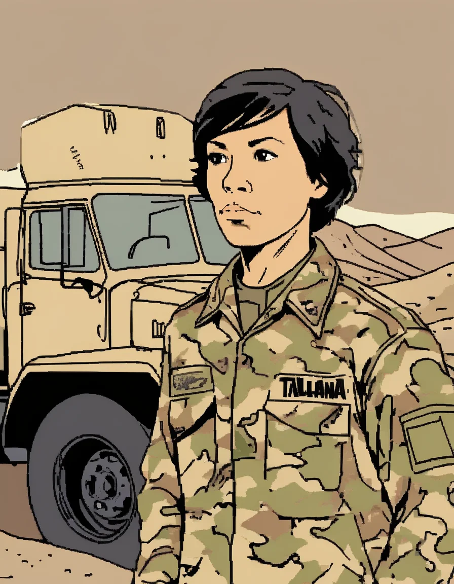 a woman,Taliana, <lora:TalianaXL:0.8>,short hair,black hair,(felt marker drawing:1.3),(detailed background),((wearing desert camouflage uniform,spotted camouflage)),standing besides heavy truck,in parking lot,in desert