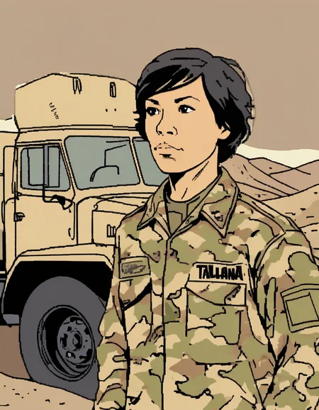 a woman,Taliana, <lora:TalianaXL:0.8>,short hair,black hair,(felt marker drawing:1.3),(detailed background),((wearing desert camouflage uniform,spotted camouflage)),standing besides heavy truck,in parking lot,in desert