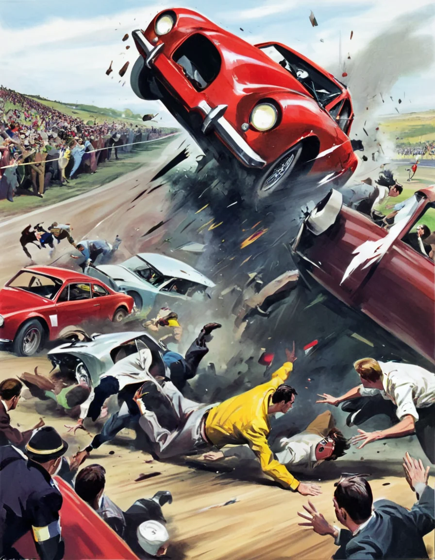 WMolino illustration depicts dramatic and chaotic illustration of a vintage car accident. In the center of the frame, a bright red car, bearing the number "531" in white, is airborne and tilted, suggesting a violent crash. Occupants and debris are thrown from the car, adding to the sense of pandemonium. Below and around the car, a crowd of people is scattered, seemingly reacting to the crash. Some are diving for cover, while others are shown mid-fall or lying on the ground, indicating the impact and suddenness of the event. The expressions on their faces range from shock and fear to pain. The background features a distant crowd of spectators, blurred and indistinct, giving a sense of a large gathering before the accident. A wooden pole or structure is visible on the left side, potentially part of the race track or venue. The overall color palette is warm, dominated by reds, browns, and yellows, which adds to the intensity and energy of the scene. The style is reminiscent of mid-20th-century action illustration, with dynamic lines and exaggerated expressions conveying the urgency and danger of the moment. <lora:WMolino1-000006:1>