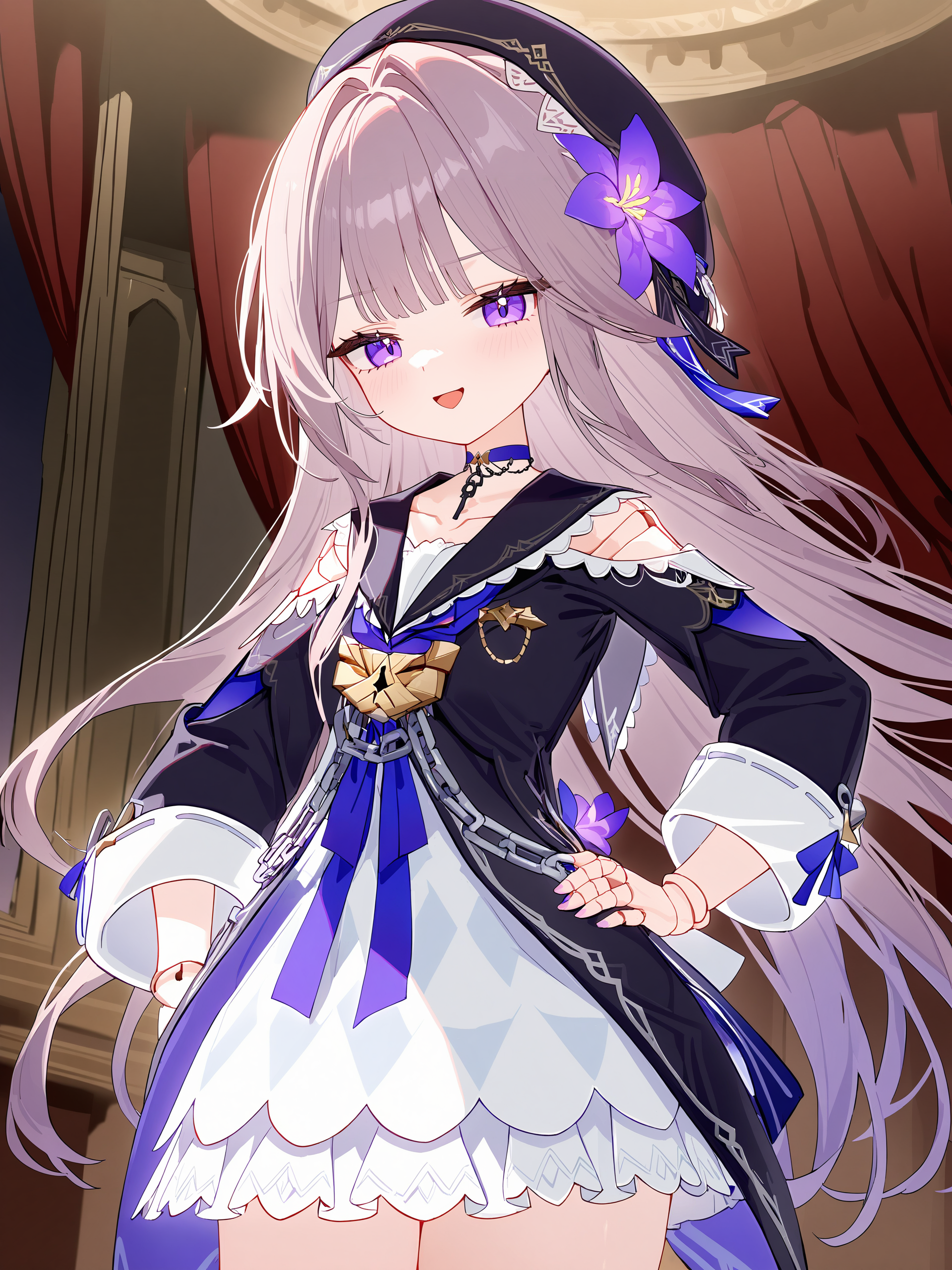 1girl, solo, herta \(honkai: star rail\), doll joints, aged down, beret, hair flower, white dress, black sailor dress, key choker, chain, shoulder cutout, looking at viewer, smug, open mouth, naughty face, hand on hip, cowboy shot, theater, indoors illustration, incredibly absurdres, ultra detailed, masterpiece, best quality, perfect features, intricate details, ray tracing, very aesthetic, [<lora:XL-detailed_notrigger:0.95>::0.5],  <lora:Char-HonkaiSR-Herta-V4-SDXL:1:hr=0.6>,