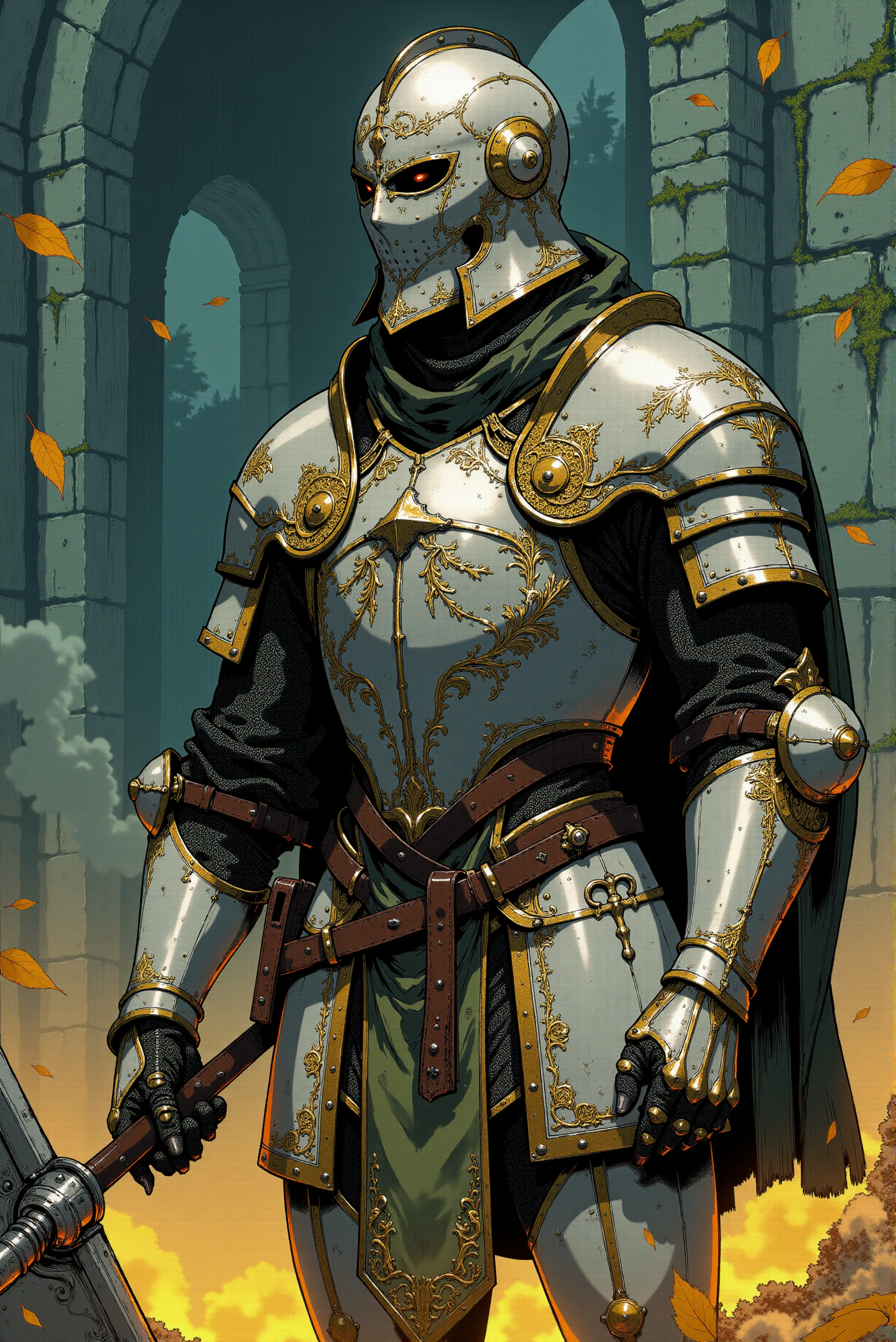 <lora:Dark_Gothic_Comic_style_r2:1.0> DGC style detailed digital illustration. The scene centers on a battle-worn knight clad in intricately detailed armor, standing resolute amidst the glow of scattered golden leaves. The armor is a masterful blend of ornate craftsmanship and battle utility, adorned with engraved floral motifs that shimmer faintly under the low, ambient light. Each plate is textured with layers of filigree and faint signs of weathering, hinting at countless battles fought. A finely meshed chainmail coif is visible beneath the knight's helmet, which features an elegantly curved visor decorated with subtle engravings, offering both a sense of regality and anonymity. The knight grips a heavy, iron-blunted mace with both hands, the weapon bearing scratches and darkened edges from extensive use. The pose, slightly crouched, conveys a readiness for combat, with their focus emanating through the narrowed eye slits of the helm. Strands of frayed fabric and loose threads drift from the edges of their pauldrons, giving a sense of motion and a hint of past hardships. In the background, the muted gray stone of a medieval structure looms, its surface covered in creeping moss and barely illuminated by faint embers floating in the air. The golden leaves scattered across the ground create a stark contrast to the dark tones of the knight's armor and the foreboding surroundings. Soft, filtered light bathes the scene, highlighting every scratch and detail, while shadows cling to the recesses, enhancing the atmosphere of quiet tension. Smoke wisps curl subtly around the base of the image, adding layers of depth and a sense of a recent skirmish. The overall mood is one of somber resolve and quiet anticipation, steeped in an aura of both mystery and determination.