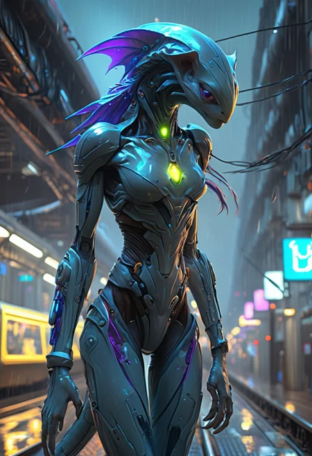 score_9, score_8_up, score_9_up, SilverPulse, Fantasy Creature, alien girl, feminime, female, 1girl, four arms, Avatar navi alien with purple skin, tail, big eyes, medium breast, dark grey poncho, running on the top of train, yellow train, cyberpunk city, night, neon light, rainy