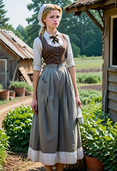Ultra Realistic, full body shot, Cinderella, , housework everyday dress, white scarf in hair, hand on hips, in a 18's century farm