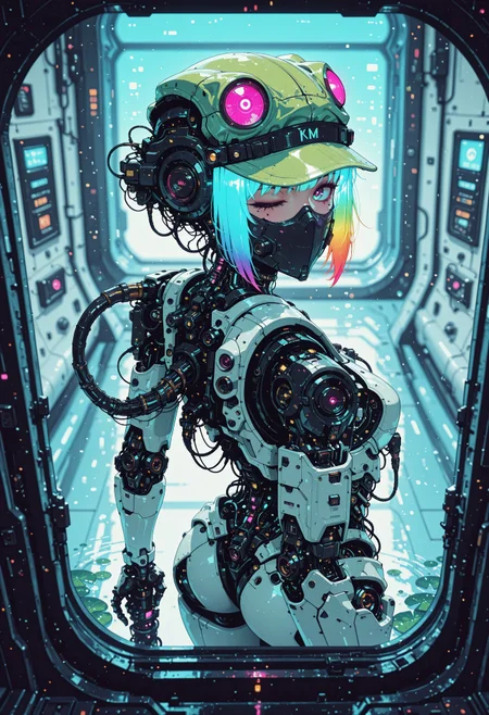 <lora:ck-nc-cyberpunk-IL-000011:0.60>,  masterpiece, best quality, good quality, very aesthetic, absurdres, newest, 8K, depth of field, focused subject, dynamic angle, side view, from above, action shot, wabi sabi android woman, rainbow hair, glowing hair, cute simplistic frog hat that reads "Lilly" on the brim, gazing at the viewer, clean visible face, clean white rectangular ceramic material and mechanical parts, their face mask is open, one eye has mechanical enhancements, servos, wires, exposed circuits, skin, holding giant green lillypad, (futuristic fractal shaped artemis station in background, window view), Sci-fi anime movie (style by George Shaw),shallow depth of field, vignette, (Fujicolor Superia X-TRA 400) , (bioluminecent glow:0.8),
in the style of cknc,
<lora:MoriiMee_Gothic_Niji_Style_Illustrious_r1:0.5>
<lora:ck-neon-retrowave-IL:0.85>
<lora:ck-shadow-circuit-IL:0.35>