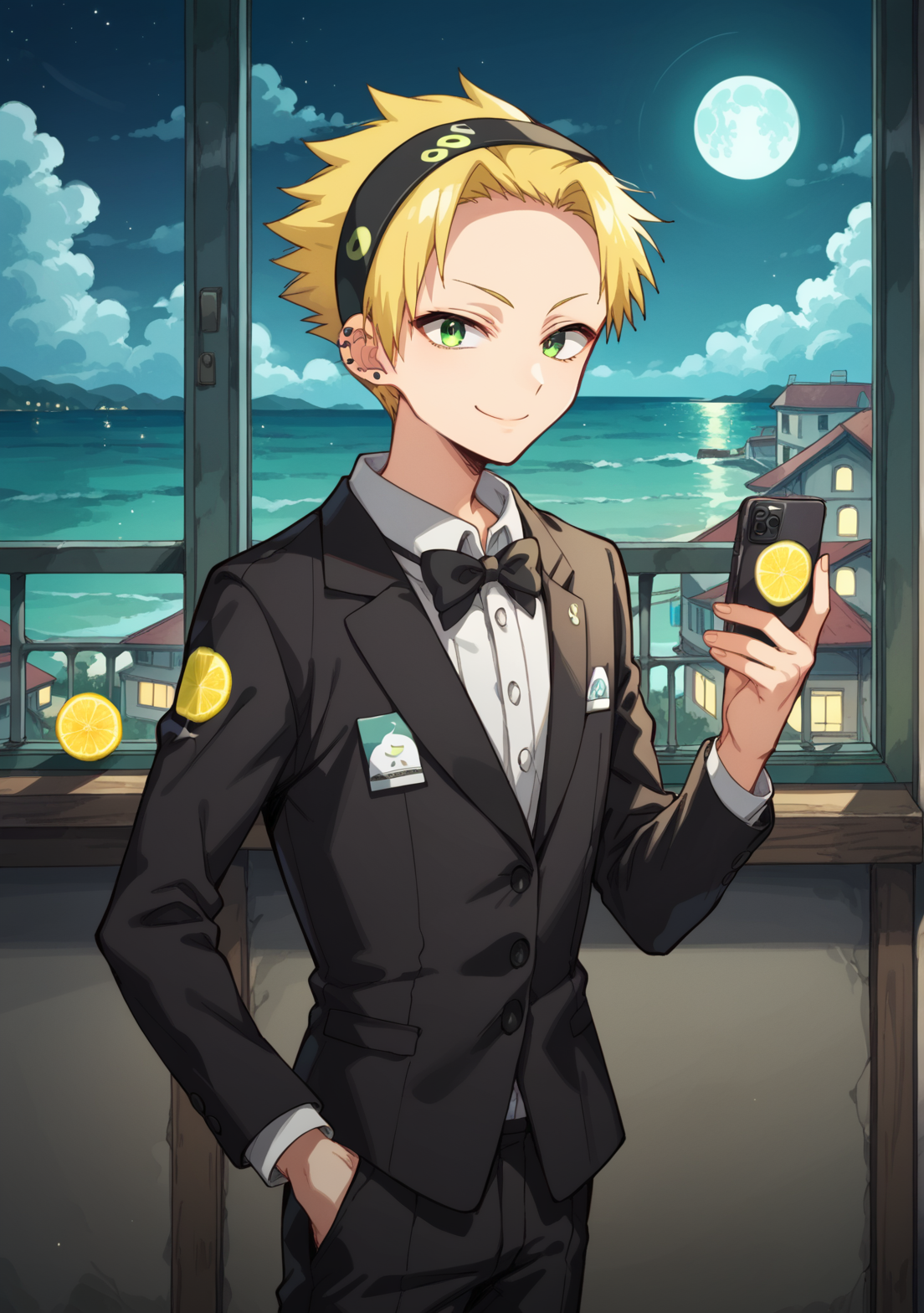 score_9, score_8_up, score_7_up, source_anime, BREAK,  Lemon_Yamabuki(TBHK), 1boy, solo, blonde hair,  short hair, headband, green eyes, smile, smug, tuxedo, black suit,   black ear piercing,  holding smartphone,  hallway,  window, black pants full body, standing, balcony, night, moon, ocean, <lora:Lemon_Yamabuki_TBHK-000010:0.9>