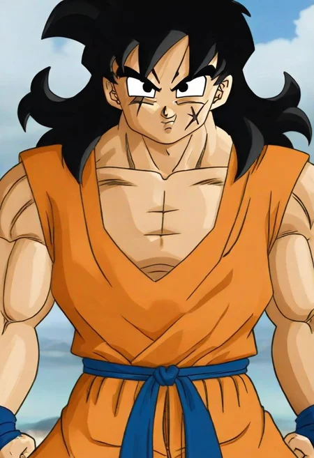 <lora:YamchaXL:.8> Yamcha, black eyes, black hair, spiky hair, long hair, orange gi, blue sash, martial artist, dragon ball z style, scars, big muscles, smug expression