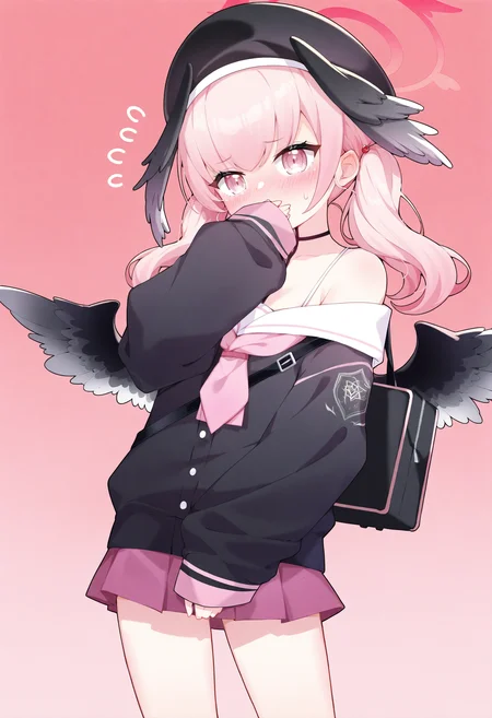 1girl, koharu \(blue archive\), solo, wings, pink hair, halo, hat, head wings, skirt, black wings, pink eyes, beret, black headwear, twintails, feathered wings, low wings, long sleeves, blush, pink neckerchief, pink skirt, bag, sleeves past wrists, sailor collar, flying sweatdrops, black shirt, shirt, pleated skirt, neckerchief, off shoulder, long hair, white sailor collar, covering own mouth, shoulder bag, school uniform, pink halo, pink background, miniskirt, gradient background, cowboy shot, winged hat, puffy long sleeves, school bag, sailor shirt,
masterpiece,best quality,newest,absurdres,highres,very awa,<lora:akovo1_noob1.1-000196:0.7>,