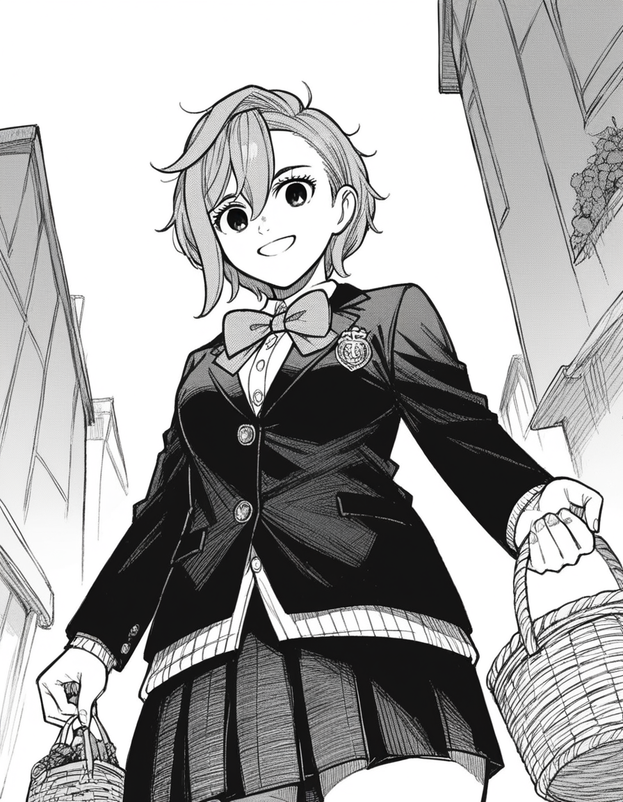 score_9, score_8_up, score_7_up, source_anime, <lora:aira-shiratori-manga-ponyxl-lora-nochekaiser:1>, aira shiratori, monochrome, greyscale, short hair, sidelocks, bangs, hair between eyes, medium breasts,, skirt, shirt, bow, school uniform, jacket, pleated skirt, collared shirt, bowtie,, farmers market, fresh produce, local vendors, baskets, sunny day, community, smile, from below, looking at viewer, solo,, dutch angle, cowboy shot