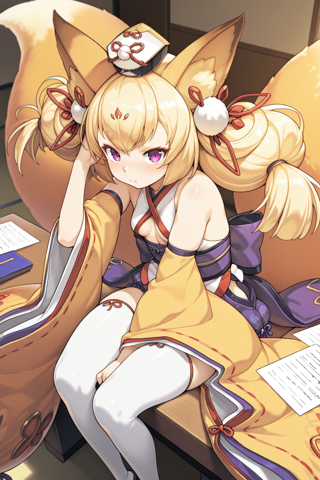 masterpiece, best quality, amazing quality <lora:izuna_ayrb_1.4:1> 
izuna_ayrb,fox girl, twintails,gold hair, hair ribbon, hair ornament,purple eyes, thick eyebrows, short eyebrows, round eyebrows, fluffy tail, animal ears, fox ears,
kimono,underboob,long sleeves,detached sleeves, wide sleeves, bare shoulders,red ribbon,thigh highs, small breasts,
surrounded by towering piles of paperwork, papers flying through the air, sitting at a cluttered desk, holding her head in frustration, comical expression, flailing arms, messy hair, dynamic composition, office setting with Japanese flair, warm indoor lighting