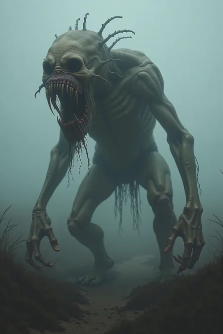 three quarter view, __*/camera_distance__, deeply obscured by sinister shadows, A grotesque monstrosity with elongated, jagged fangs protruding from its gaping maw, hollow, eyes that seem to pierce through the darkness. Its twisted, decayed skin stretches tightly over a skeletal frame, veins bulging beneath the surface. The creature lurks in a desolate, fog-shrouded wasteland, its hunched posture and grotesque limbs twitching with unnatural movements as it prowls the eerie landscape.