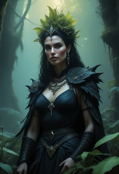 comic art by Mike Allred, style of Ted Nasmith, live action 80's dark fantasy, upper body shot, a sorceress on an ancient throne of twisted roots, surrounded by blooming carnivorous plants and softly glowing bone charms, both wise and dangerous, feathered shoulder mantle rustling with spirit whispers, high-detail portrait with soft jungle light and esoteric symbols surreal and nostalgic, vintage cult-like vibe, dark and shadowy environment, vibrant jungle colours Caravaggio meets D&D charm , masterpiece,