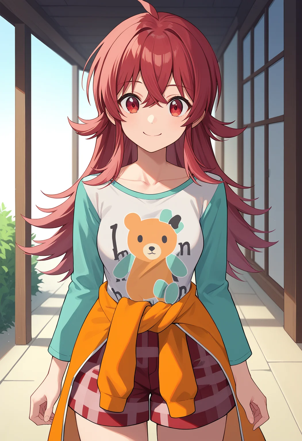 score_9, score_8_up, score_7_up, source_anime,
BREAK
1girl, solo,
<lora:shiKomiyaKahoV1:1.0>,
shikomiyaprocasual, long hair, red hair, red eyes, hair between eyes, ahoge,
medium breasts, collarbone,
print shirt, bear print, raglan sleeves, long sleeves,
orange shirt, shirt around waist,
plaid, red shorts,
looking at viewer, smile,
