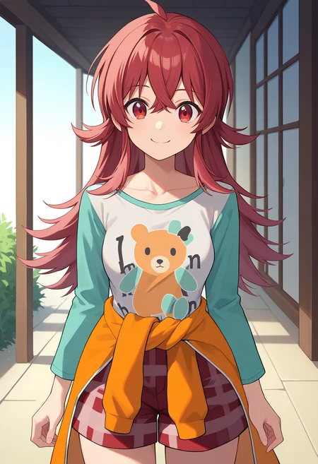 score_9, score_8_up, score_7_up, source_anime,
BREAK
1girl, solo,
<lora:shiKomiyaKahoV1:1.0>,
shikomiyaprocasual, long hair, red hair, red eyes, hair between eyes, ahoge,
medium breasts, collarbone,
print shirt, bear print, raglan sleeves, long sleeves,
orange shirt, shirt around waist,
plaid, red shorts,
looking at viewer, smile,