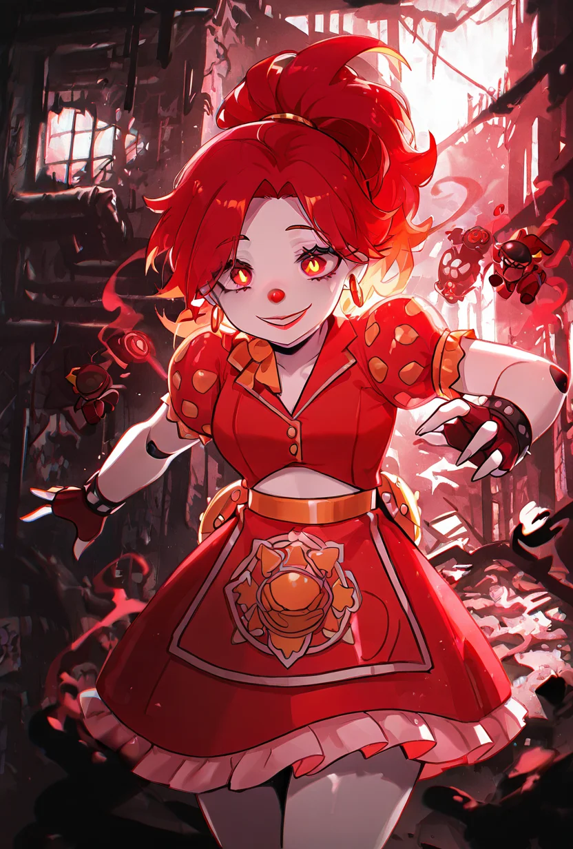 <lora:ilglambab-10:1> glambab, white skin, 1girl, red hair, ponytail, wide smile, earrings, short puffy sleeves, red fingerless gloves, red dress, red lips, midriff, red nose, ((dynamic pose)), <lora:WSSKX_WAI:1> detailed background, black pipes, black parts, abandoned dark building, shining light on character, basement, machines, deep blue smoke,, score_9, score_8_up, score_7_up, masterpiece, best quality, masterpiece, best quality, amazing quality, very aesthetic, absurdres, newest,