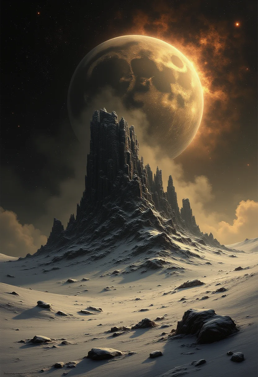 The image is a highly stylized and artistic depiction of an ice-covered monumental structure resembling a nebular cloud in the vastness of space. The station, representing Earth or Nature, is bathed in a soft sepia tone that evokes a sense of nostalgia and timelessness, reminiscent of the Pictorialist photography movement. The use of ambient lighting creates a sense of depth and drama, while the low-angle side view adds to the monumentality of the scene. The overall style is reminiscent of Jon Foster's surreal and dreamlike artworks. The contrast between the light and darkness emphasizes the station's grandeur and the power of the cosmos it occupies. ,<lora:flux/fav/we-br-v2.safetensors:1.0:1.0>