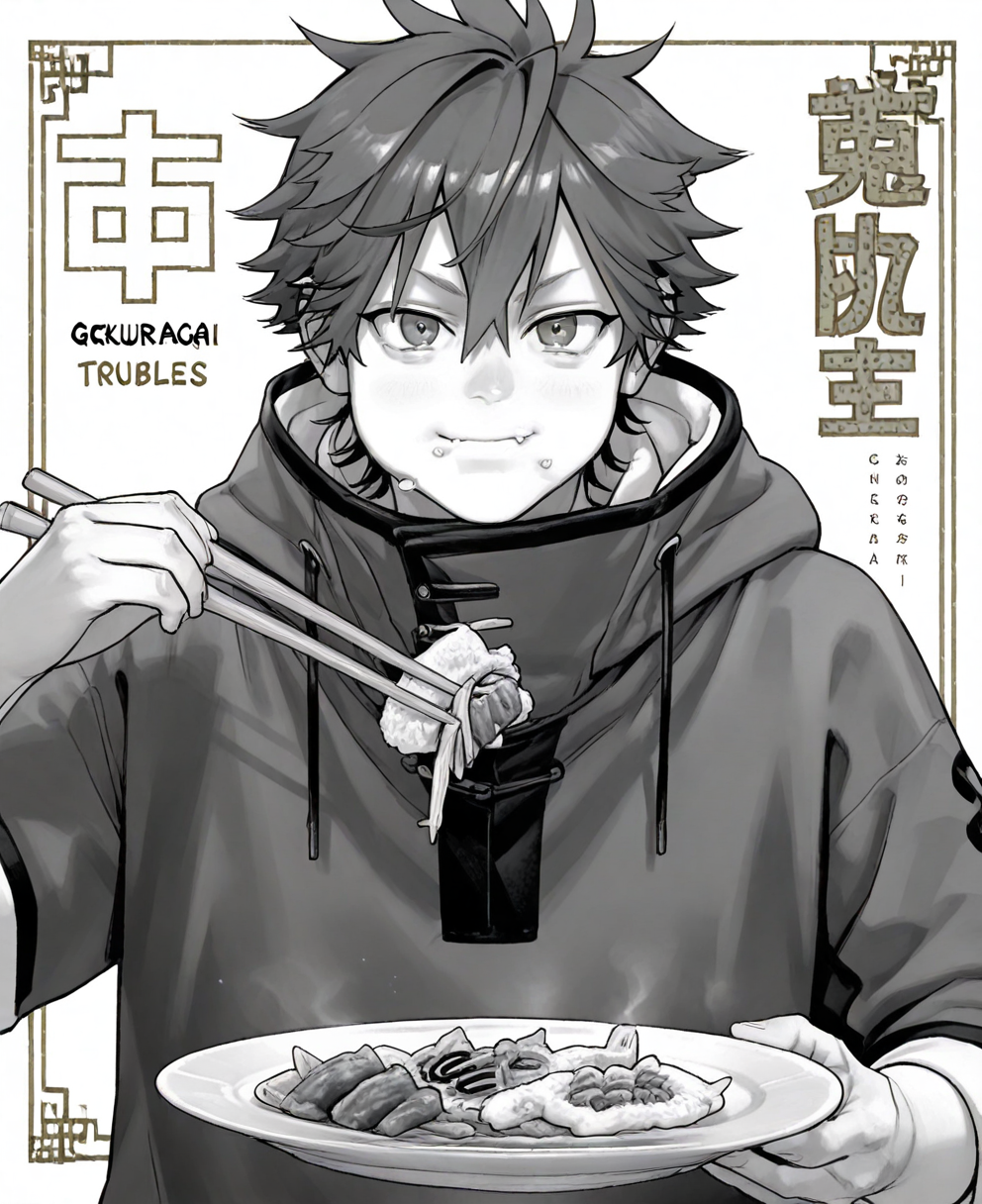 <lora:gokurakugai:1> gokurakugai,
(masterpiece), (best quality), (ultra-detailed), amazing quality, very aesthetic, illustration, perfect composition, intricate details, absurdres, incredibly absurdres, shiny skin, realistic,
 gokurakugai, male focus, monochrome, greyscale, 1boy, food, , chopsticks, plate, eating, solo,  plate, ,  chopsticks, looking at viewer, short hair, upper body, hair between eyes, closed mouth, rice, , food on face, hood, fang, general