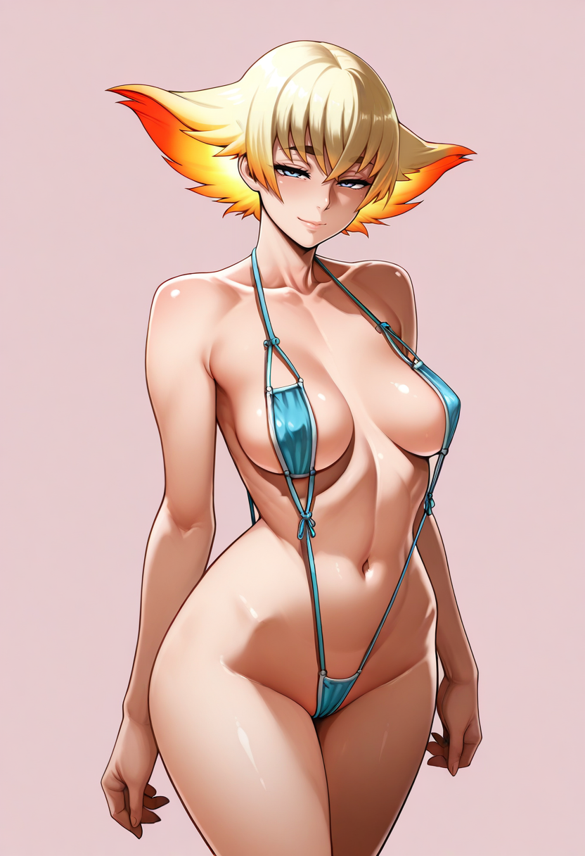 masterpiece,best quality,absurdres, amazing quality,
1girl, solo,
standing,
looking at viewer, half-closed eyes, light smile, 
simple background, pink background, 
crop top, strapless, 
<lora:Neromashin_Style_SKNSFW:0.8> Neromashin_Style_SKNSFW, 
 <lora:slingshot_mask:0.8> 5l1ngsh0t_m45k, slingshot swimsuit, kiryuuin ragyou,  mature female, medium breasts,