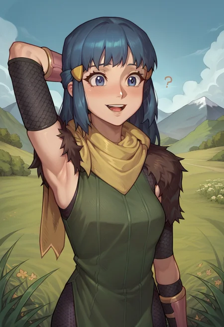 score_9, score_8_up, score_7_up, 1girl, solo, Dawn(Pokemon),
chainmail sleeves,green tunic, yellow scarf, fur trimmed shoulder pads, leather bracers,
upper body, smiling with teeth, outdoors, field, mountains, confused, hand behind head,
<lora:Merrill_Dragon_age_2-000008:0.8>, <lora:AsuraLycoXL:1>